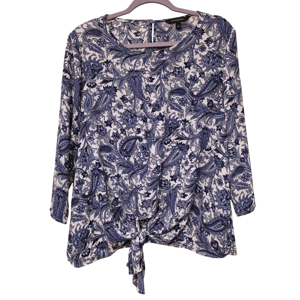 Banana Republic Blue White Paisley‎ Tie Front Blouse 3/4 Sleeve Top Large